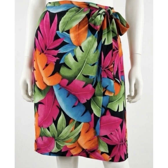 Dana Buchman Dresses & Skirts - Dana Buchman Vintage 100% Silk Tropical Leaf Print Faux Wrap Skirt Size 10 Multi